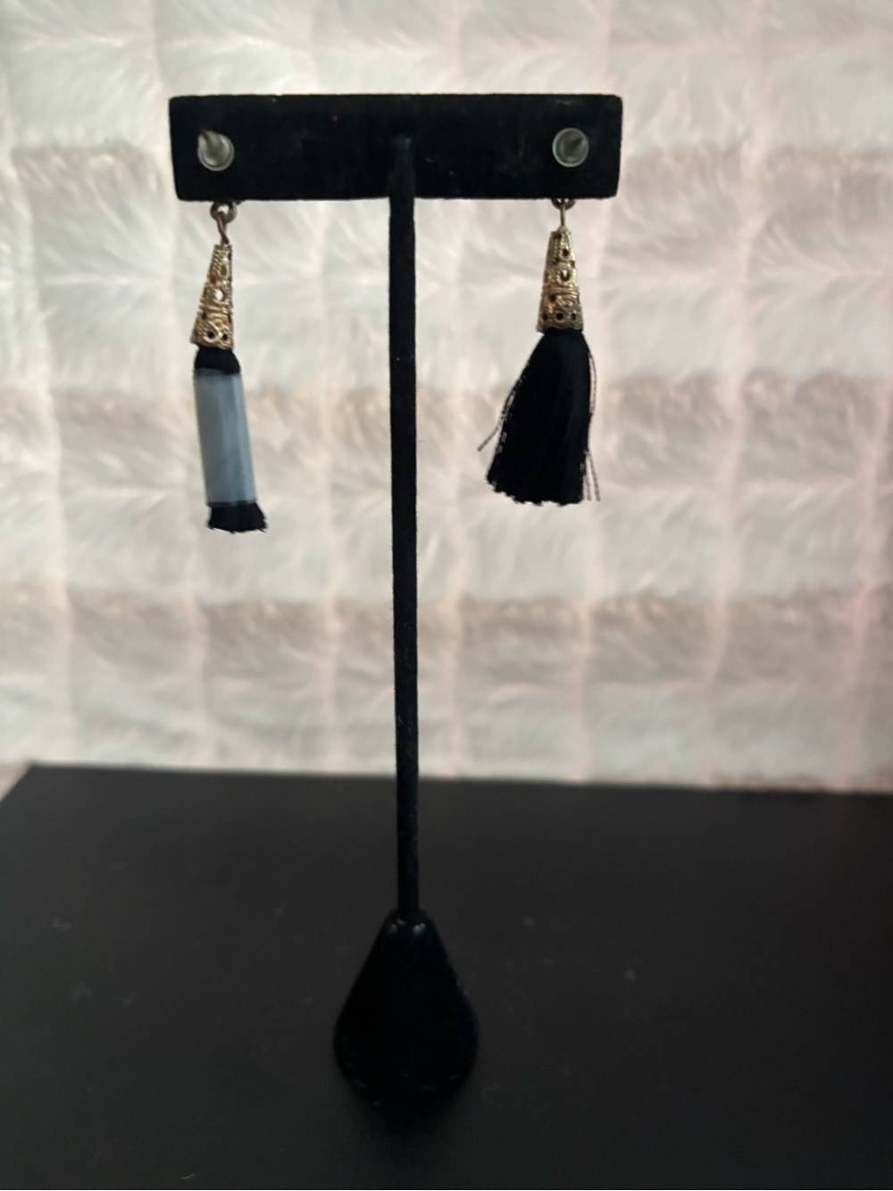 Black Tassel Drop Earrings with Gold Accents